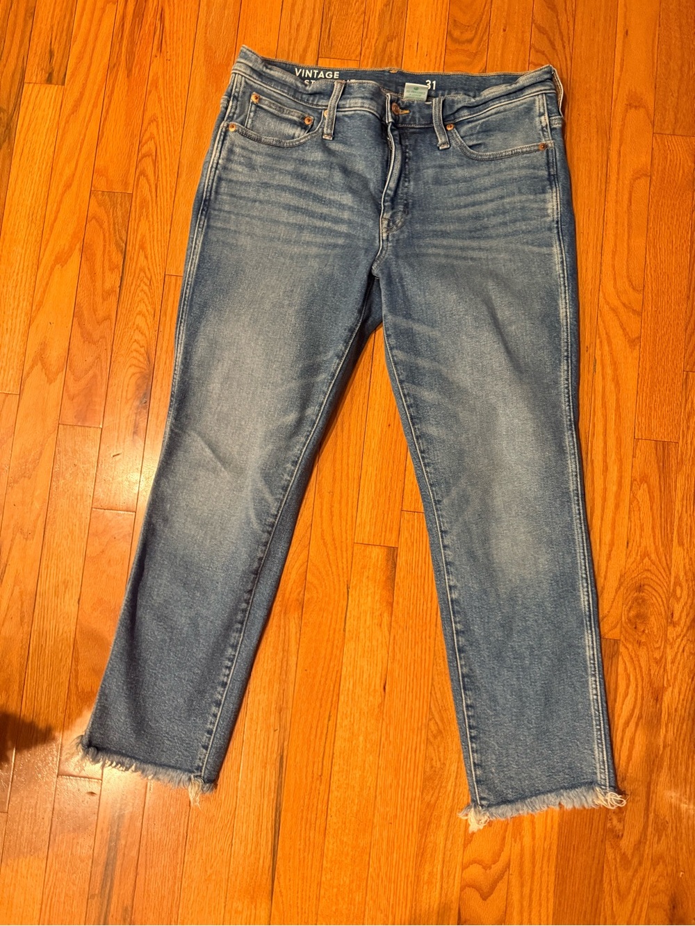 J. Crew Mid-Blue Cropped Ankle Jeans with Frayed Hem